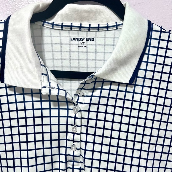 Lands' End Black and White Polo Shirt with Gingham Pattern LARGE - Picture 3 of 5